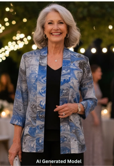 Woman in a blue black and white marbled silk jacket and black pants 