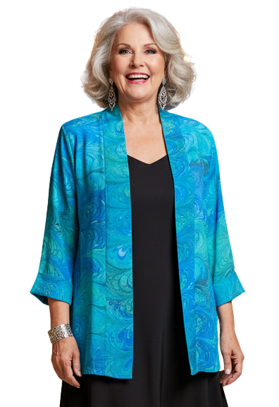 Woman in a emeralds and blue swing jacket over a black dress