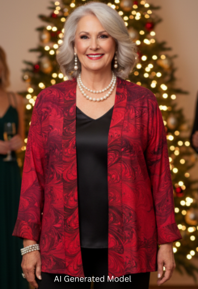 Woman in a red and black silk marbled jacket and black pants.  AI generated model