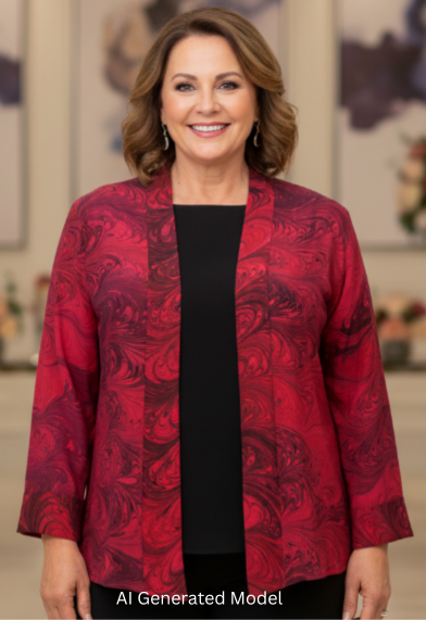 Woman wearing a red marbled silk jacket in an elegant room with chandeliers and floral arrangements.  AI generated model.