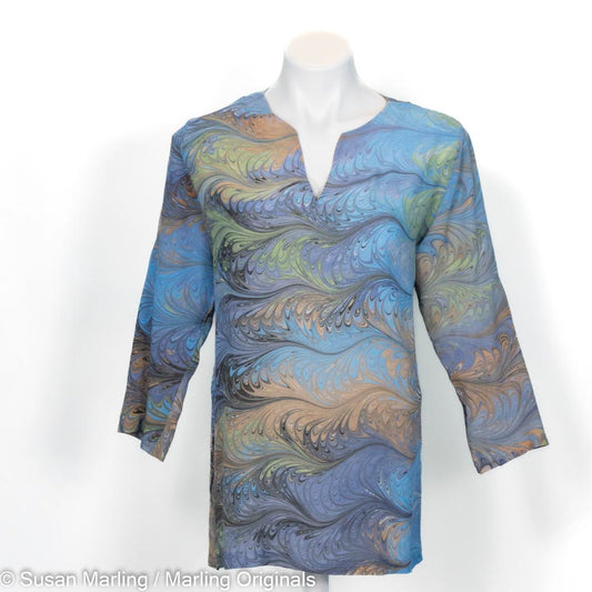 silk tunic with notch neck and 3/4 sleeves marbled in feathery pattern of blue, grey, peach, celery