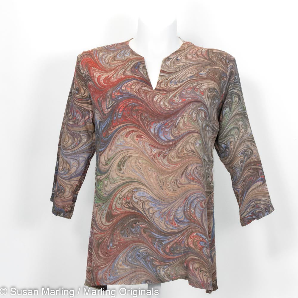 silk tunic with notched neck and 3/4 sleeves marbled in soft sienna with brown, red, celery, gray