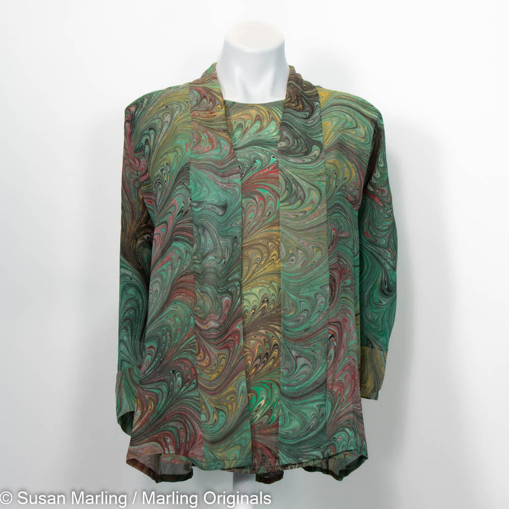 Silk jacket set features sheer jacket with round neck top marbled in warm greens, brown, gold, red