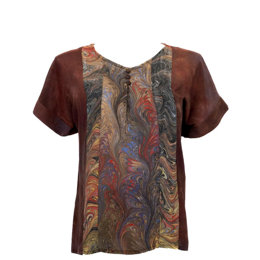 L/XL Chocolate Silk Top with Rich Marbling Detail