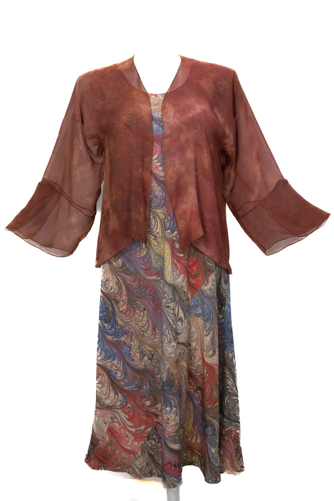 brown marbled silk dress with sheer brown jacket