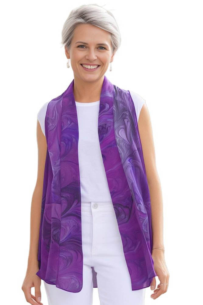 woman wearing pink and lilac silk chiffon vest