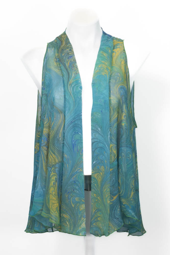 marbled silk chiffon vest in green and yellow