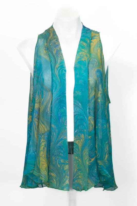 marbled silk chiffon vest in green and yellow