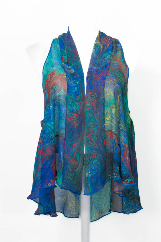 marbled silk chiffon vest in blue, green, red and yellow