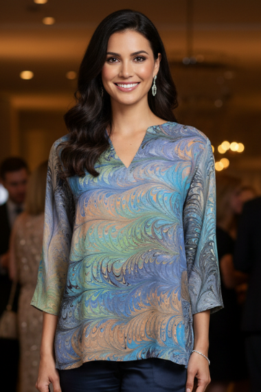 Woman wearing a marbled silk tunic and navy pants in an indoor setting