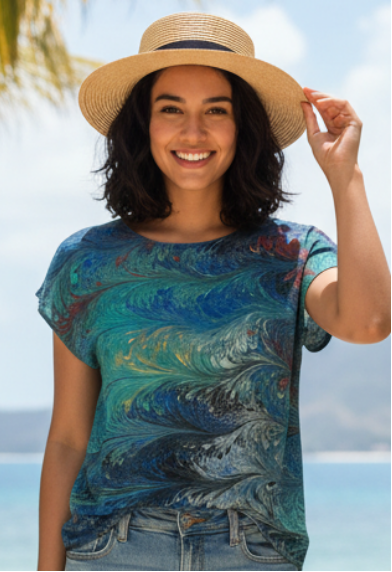 Woman wearing a marbled silk top standing on a sandy path with palm trees and ocean in the background