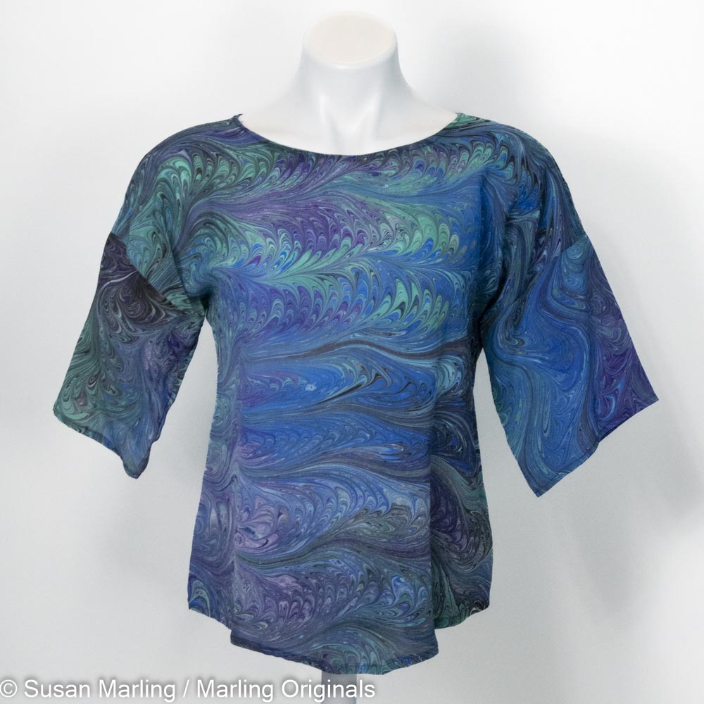 marbled silk top half sleeve in blues, green and purple