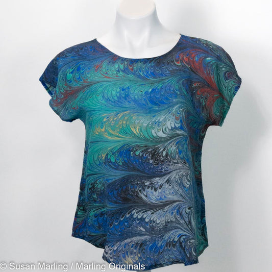 marbled silk top with short sleeves and round neck.  Blue, green, red, with yellow and white