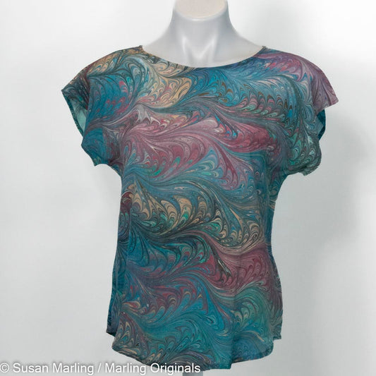 short sleeve marbled silk blouse in teal, mauve, and tan