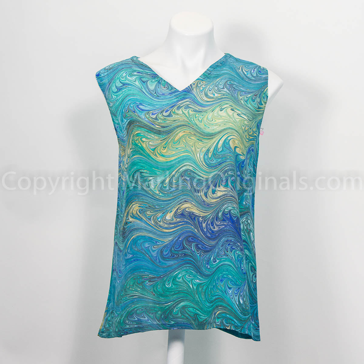 silk tank top marbled in green, blue and yellow tones.  v neck