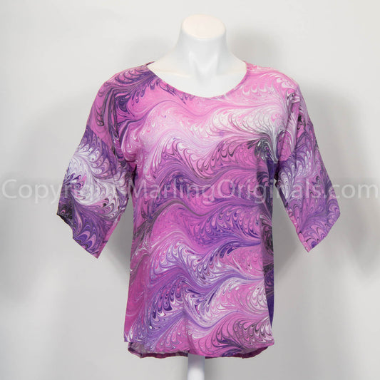 hand marbled silk crepe top in bright pink, lilac with white and black