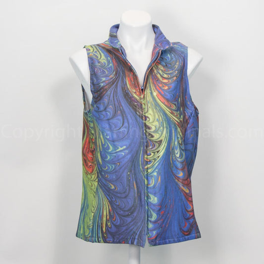 blue marbled knit vest with zipper front