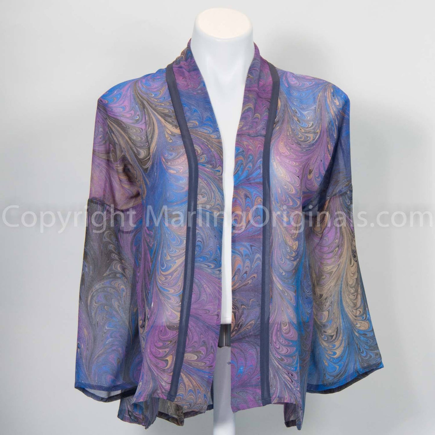 lavender marbled sheer silk kimono jacket. Long sleeves, solid chiffon trim down front band
