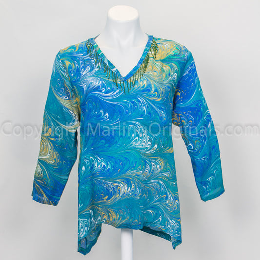 blue, yellow and green marbled silk top v neck with beads