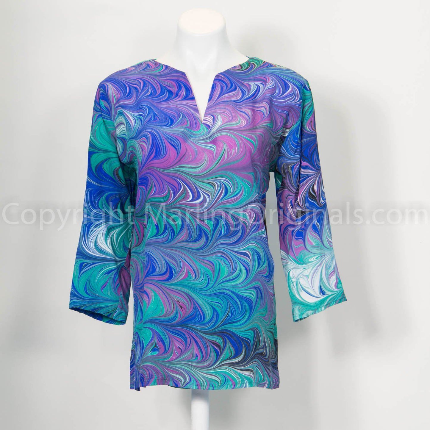 marbled silk tunic in blue, green, violet.  V-notch neck, long sleeves, side slits