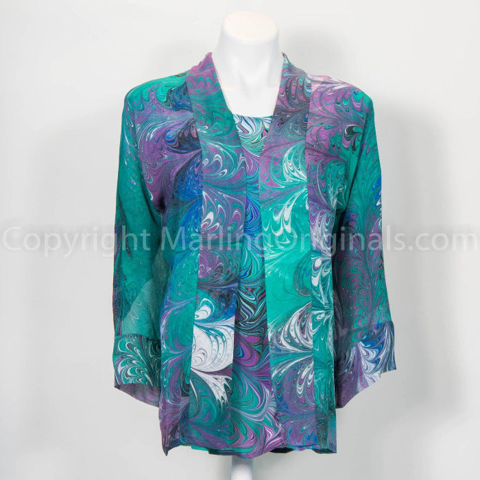 hand marbled silk kimono in green, violet, white, blue. Shown with matching silk top.
