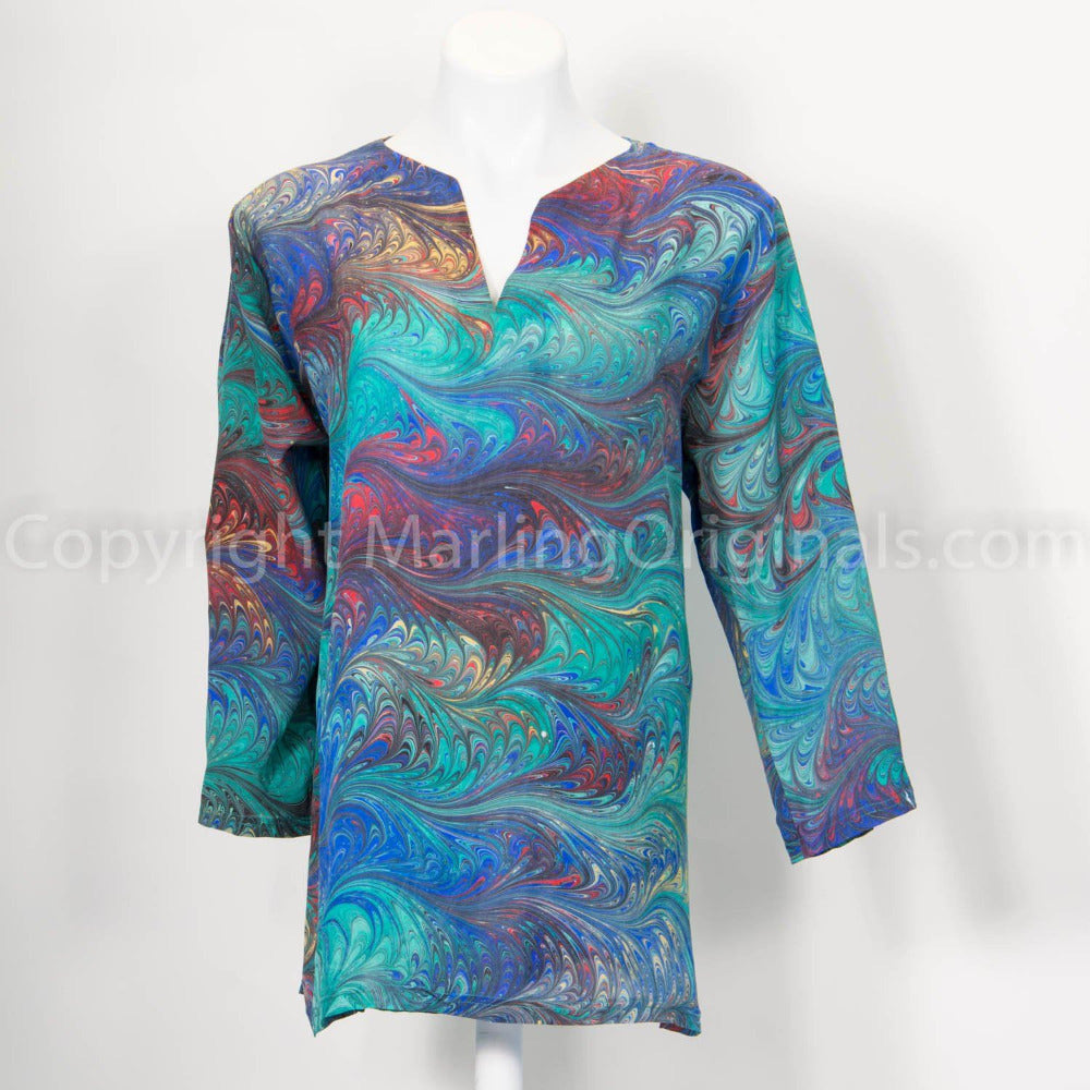 marbled silk tunic in green, blue, red, black.  Notched neck, side slits, long sleeves. 