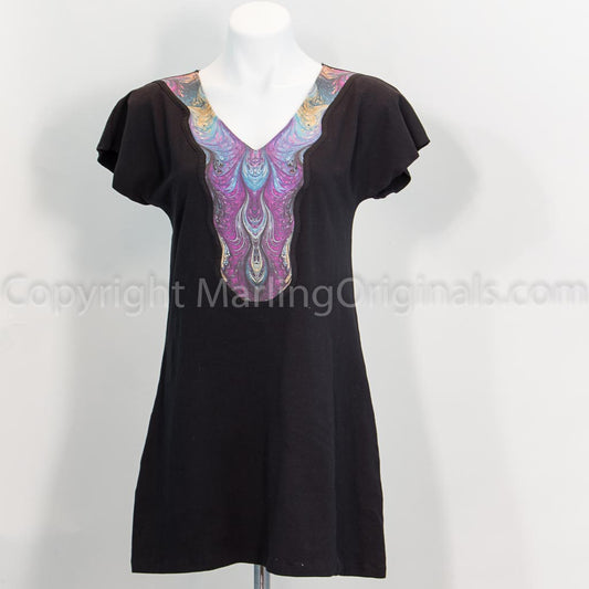 black knit tunic with marbled detail inset at neck