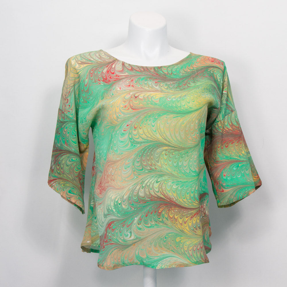 half sleeve summer silk top marbled in vivid spring green, gold, coral.  One of a kind.