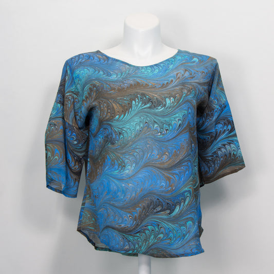 marbled silk top with feathered pattern in brown, aqua.  Great summer top.  Half sleeve, round neck
