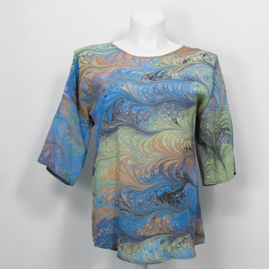 marbled silk top in blues, sand and celery.  One of a kind round neck with half sleeve.