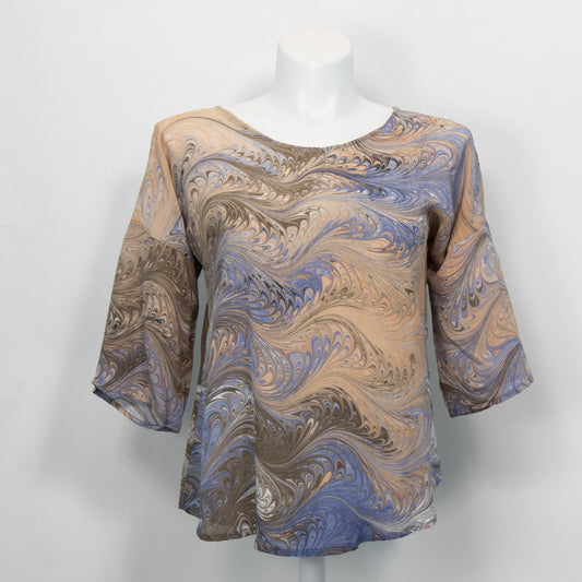 relaxed fit summer top marbled in browns and greys.  Round neck.  Half sleeve.  One of a kind.
