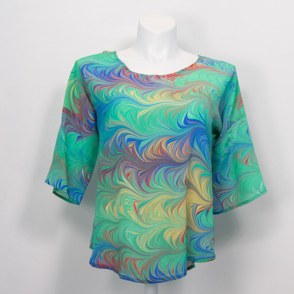 summer top marbled in vivid green, red, blue, gold.  Round neck with half sleeve.  Unique