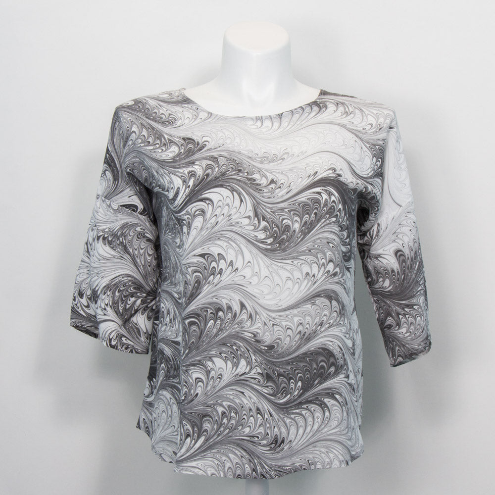 round neck, half sleeve summer top marbled in charcoals and white.  