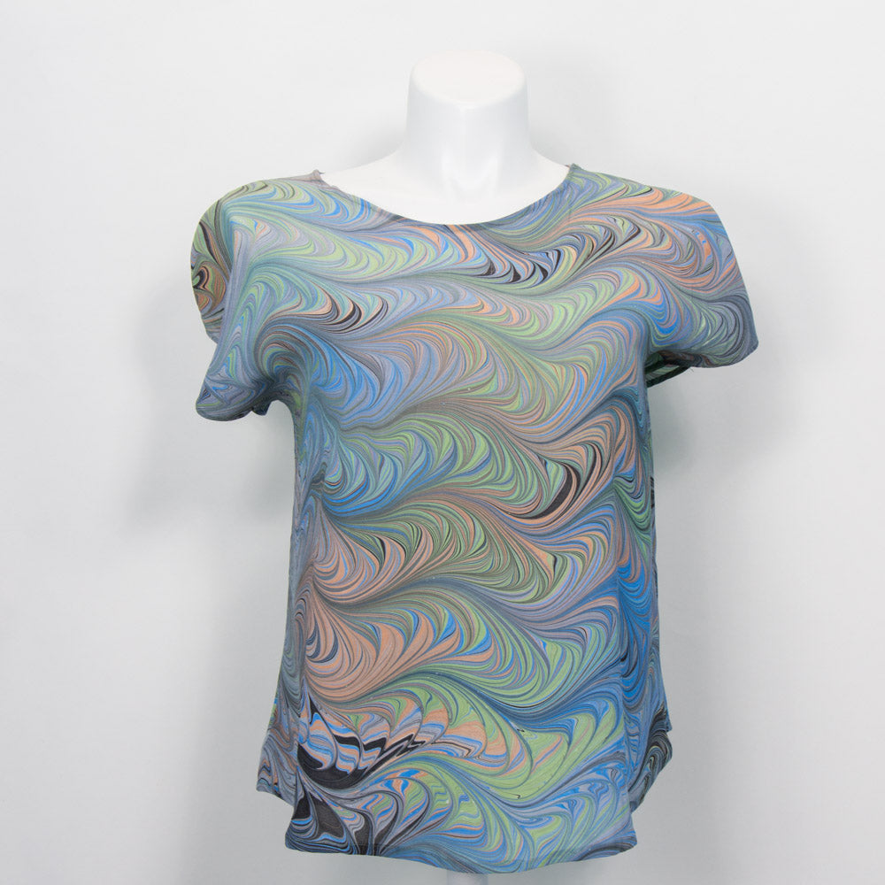 short sleeve top with round neck marbled in grey, blues, peach, celery.  Cool summer top.