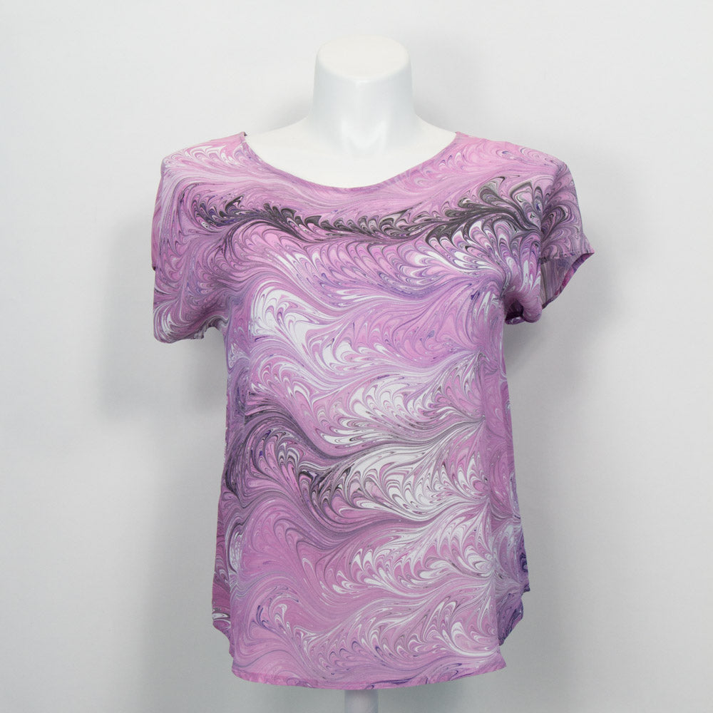 hand marbled silk summer top in soft pink with charcoal and white.  Short sleeves, round neck.