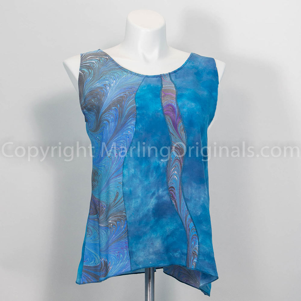 hand dyed tank in dusky blue with marbled insets of blue, violet, teal
