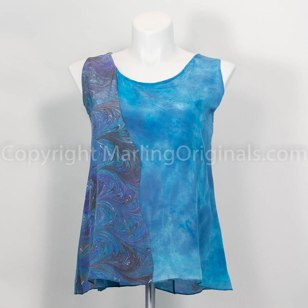one of a kind tank dyed in dusky blue with marbled inset in blue, violet and teal
