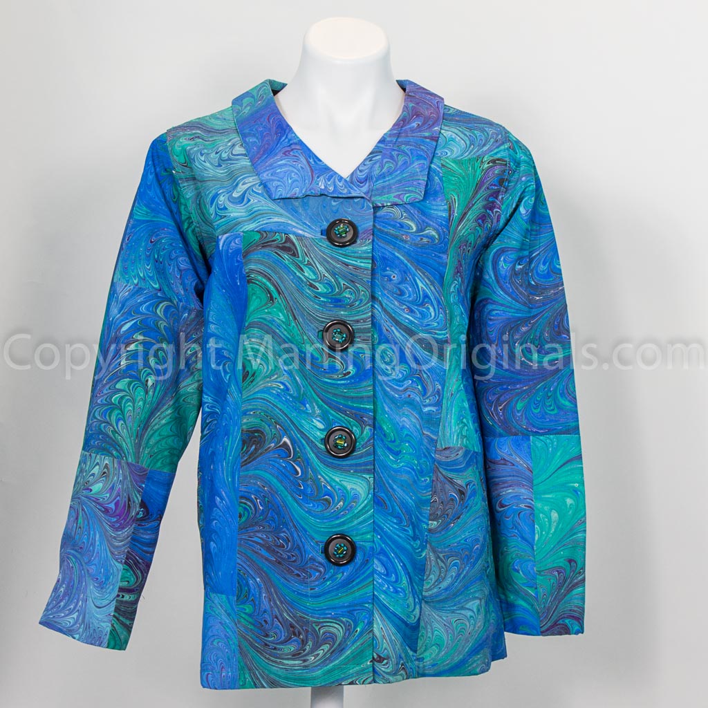 silk blue jacket created from marbled pieces of brilliant blue silk