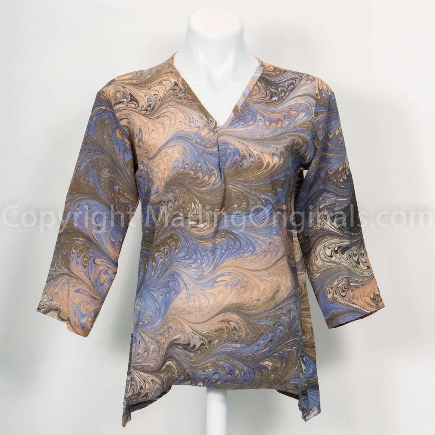 handmarbled silk tunic for women in brown, grey, black tones. V neck. Long sleeves