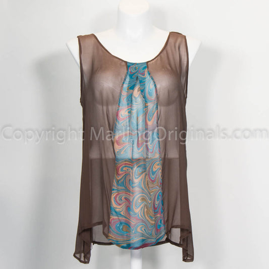 sheer chocolate brown tank top with marbled panel in green, burgundy, peach