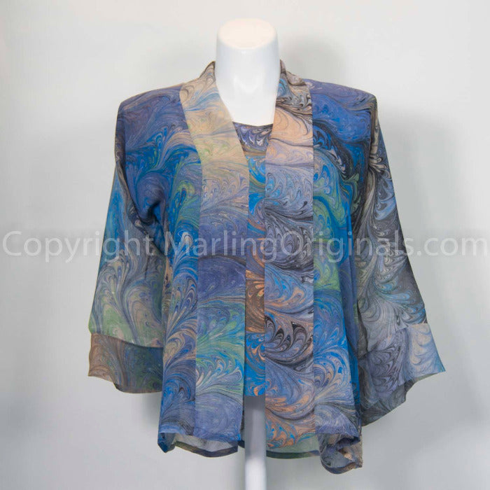 Hand marbled silk chiffon kimono shown with short sleeve silk top.  One of a kind jacket and top