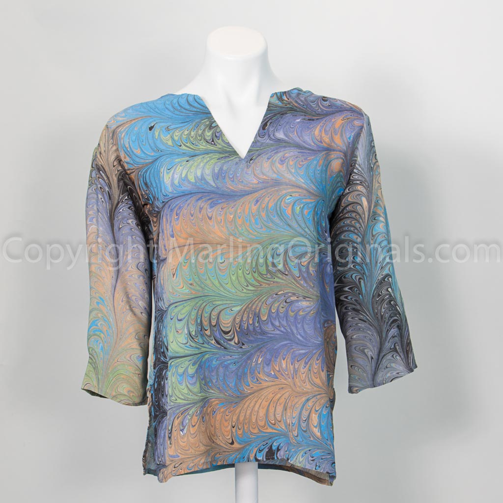 hand marbled silk tunic in gray, blue, peach, celery