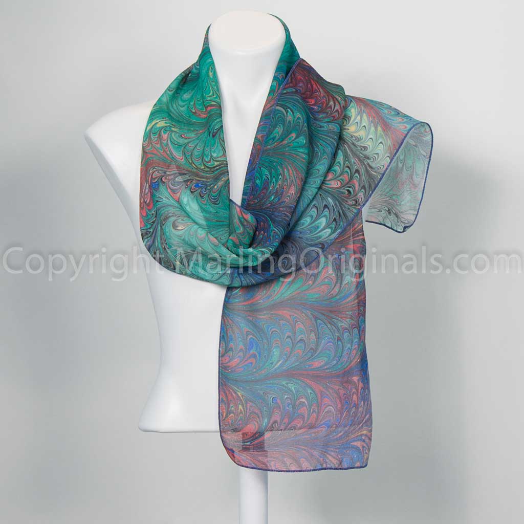 marbled silk scarf in green with red, blue, yellow