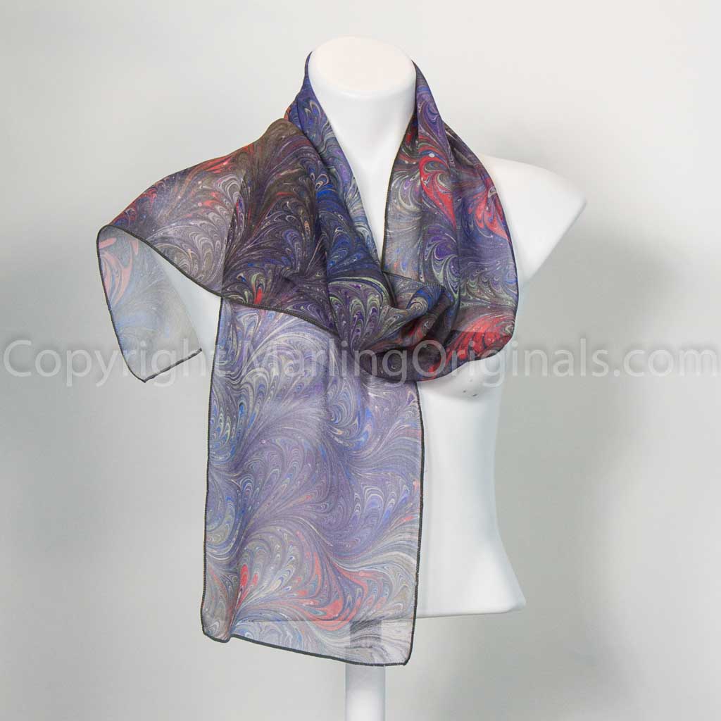 Deep purple, charcoal with red feathered marbled silk scarf