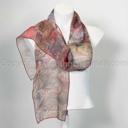 Chiffon Silk Neck Scarf in Camel, Red & Browns 9.5" x 65"