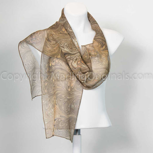 marbled silk scarf in camel, brown and gold 