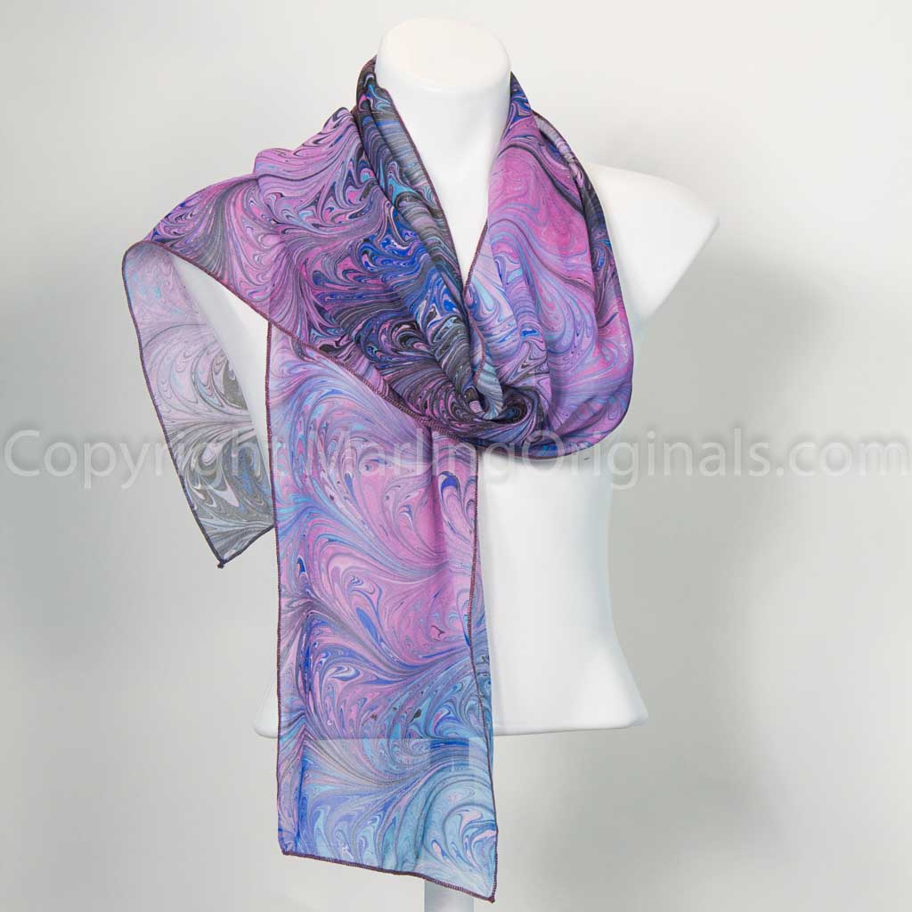 hand marbled silk chiffon scarf in violet, blue, black 