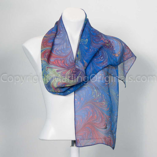 silk scarf marbled in rich blue with tomato red and celery