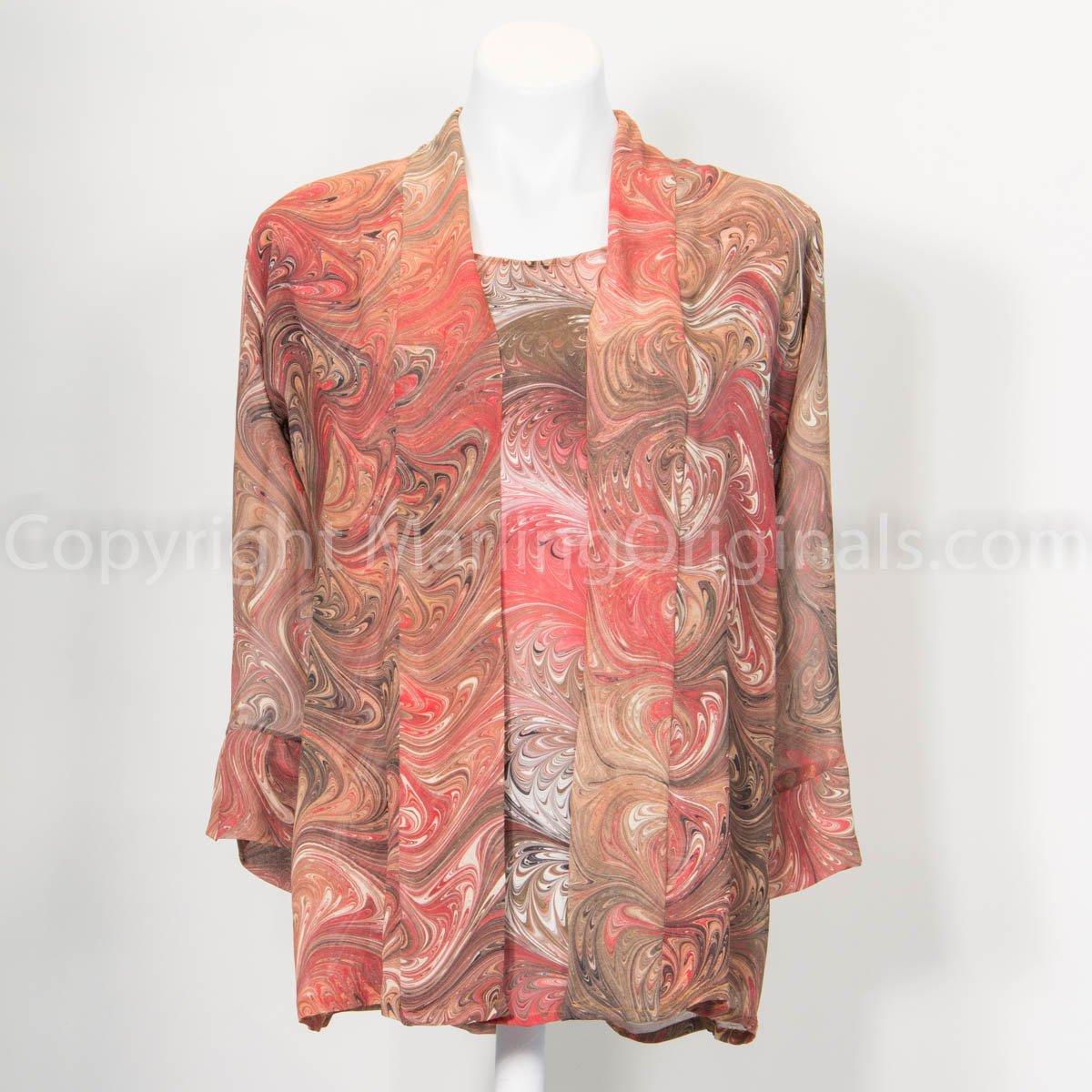 silk kimono jacket hand marbled in coral, salmon, cream.  Shown with matching silk top.