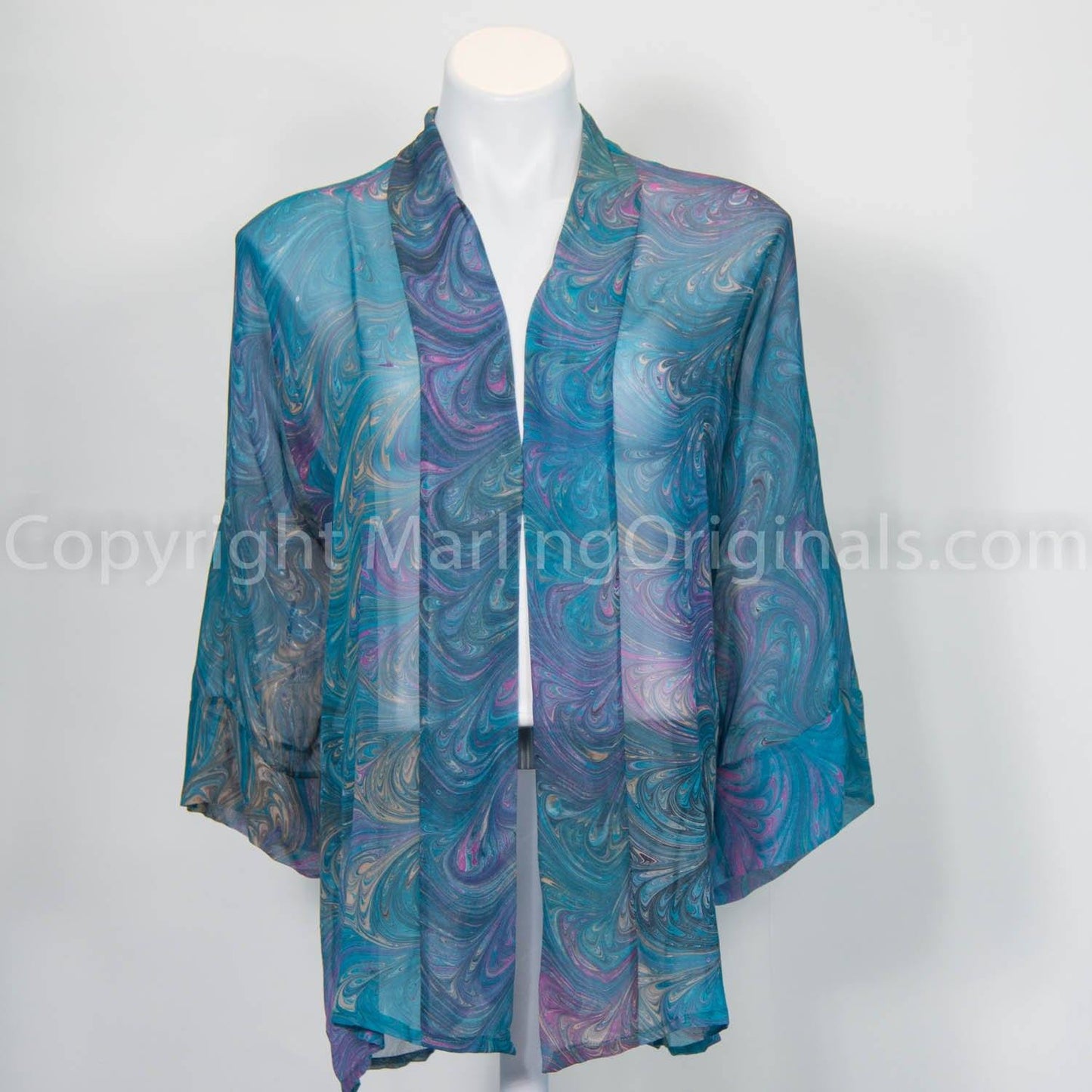 Hand marbled chiffon kimono in teal, pink, gold. Banded front, long sleeves